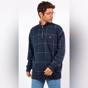 Nautica Men's Navy Blue Windowpane Checkered 1/4 Zip-Up Sweater